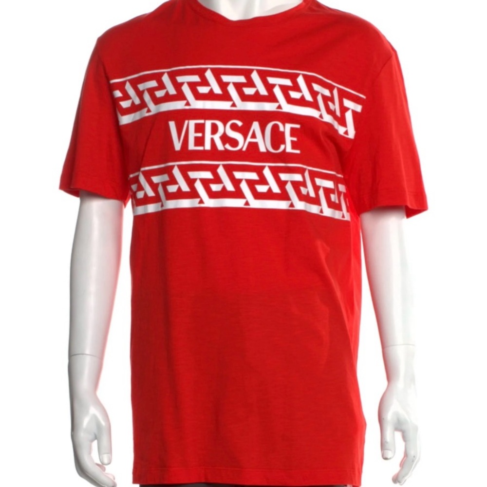 Versace Greca Border Logo T-Shirt Red Cotton XL Men's Italian Designer Authentic